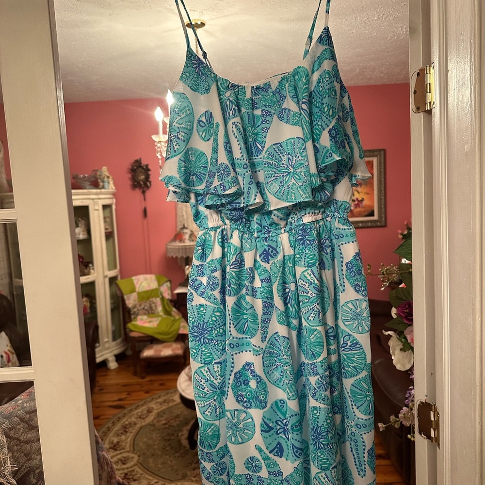 Lilly Pulitzer Blue and White Ruffle Midi Dress sea 🐚 and sand dollars